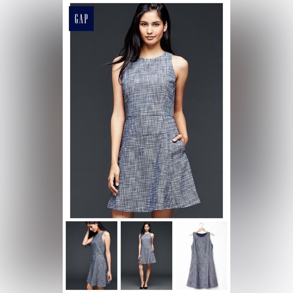 Gap Tweed Career Mini Dress 10β Tall Blue Side Pockets A-Line Preppy Sleeveless